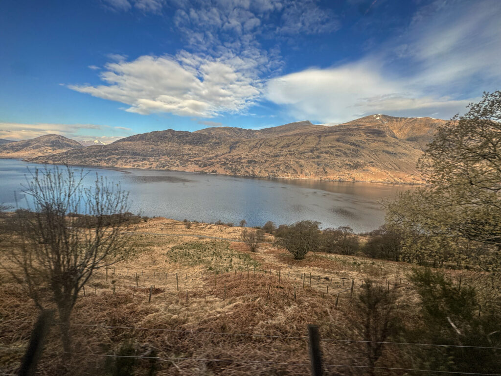 Scottish Highlands mountain scenery viewed from Fort William to Glasgow train